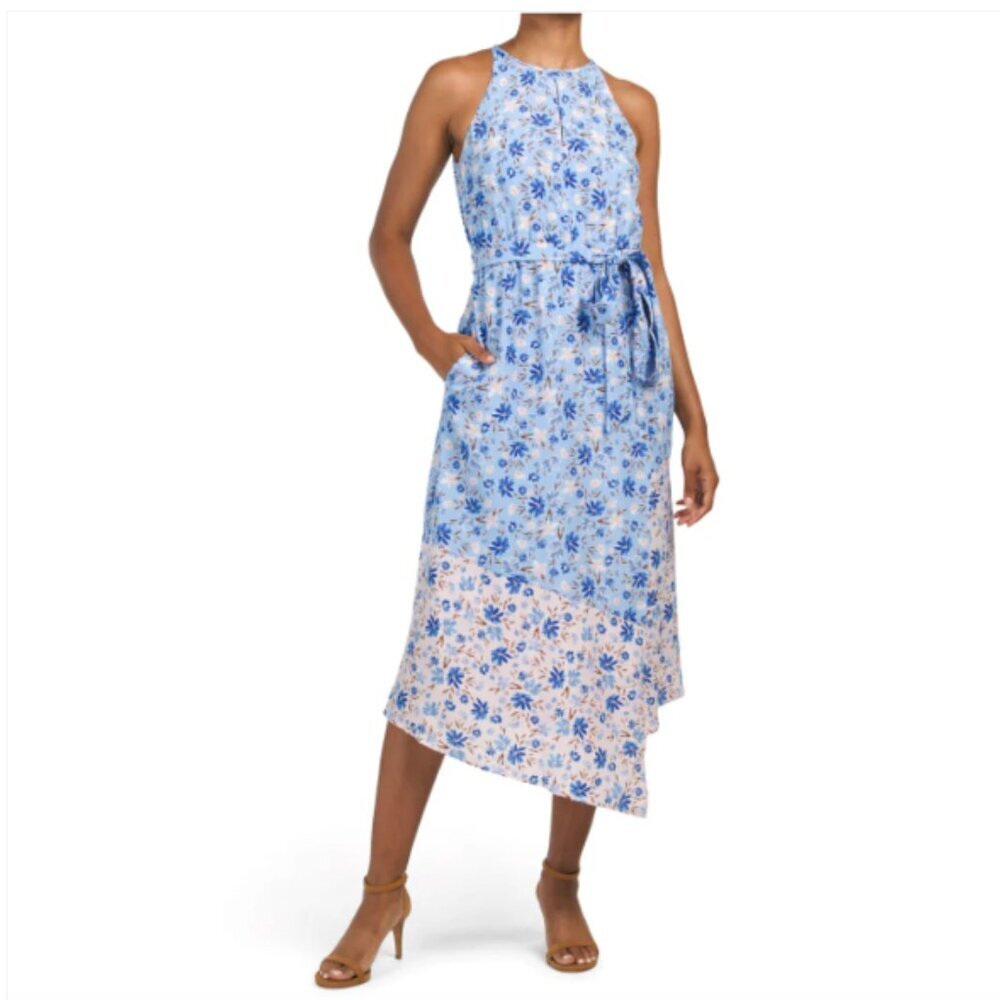 Blue Mixed Floral Print Halter Asymmetric Midi Dress with Pockets Women Size 12